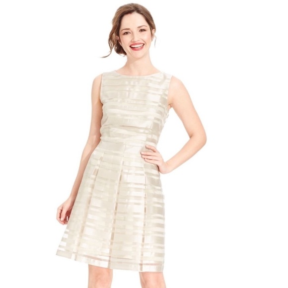 Tahari ASL Gold Metallic Illusion Stripe Dress 12 Large - Picture 1 of 9